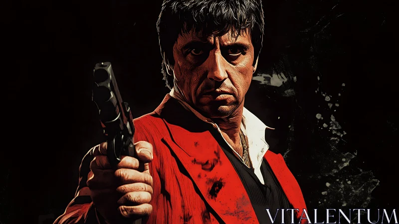 Gunmetal glare in crimson suit, underworld legend frozen.