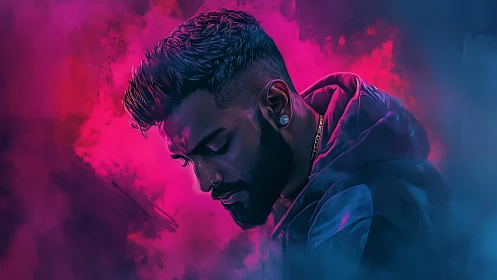 Moody digital portrait of man in neon pink and blue light.