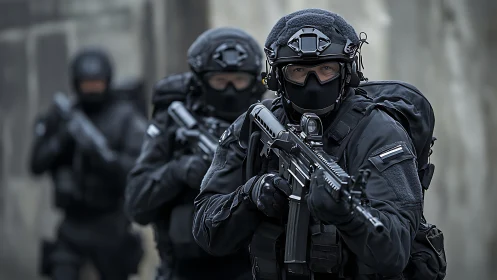 Armed tactical response team advancing in urban corridor.