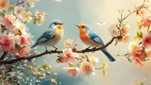 Two Bluebirds on Blossom Branch, Lush Springtime Digital Painting.