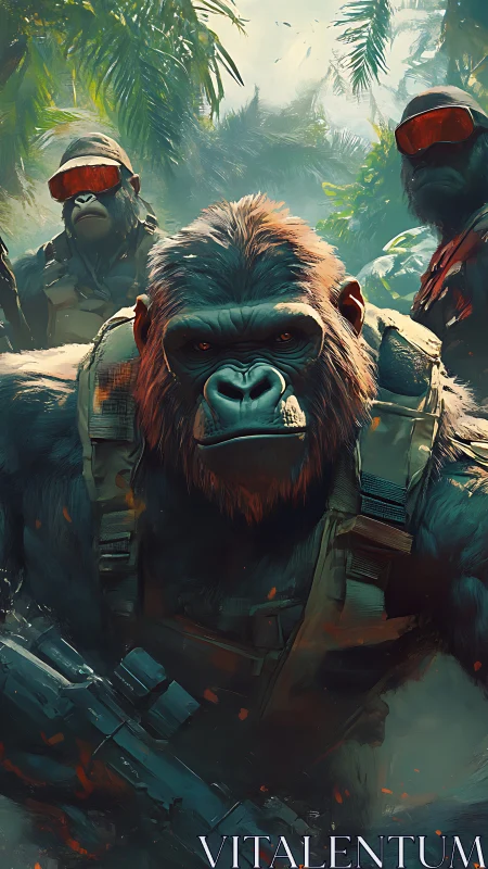 Armored gorilla strike team advancing through jungle fog.