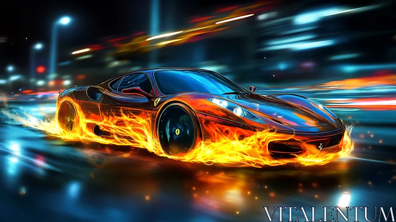 Nightfire supercar streaking through neon drenched city streets.