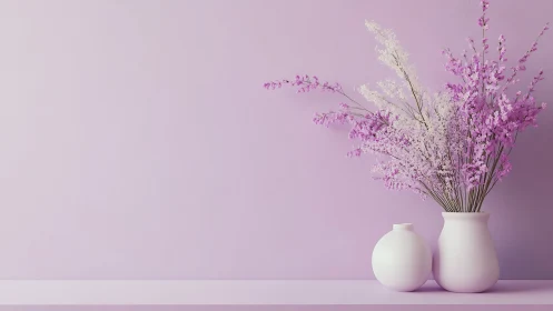 White Vases with Purple Dried Flowers on Pastel Background.