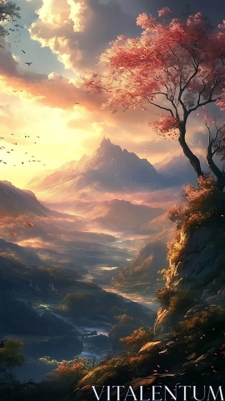 Sunlit mountain valley with river and pink blossoming tree.