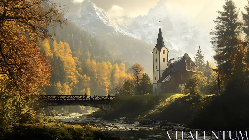 Mountain church rises over autumn river valley at sunrise