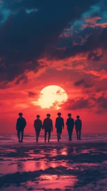 Silhouetted friends walk a neon sunset shoreline in unity