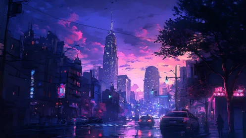 Neon dusk boulevard beneath a dream-soaked violet sky.