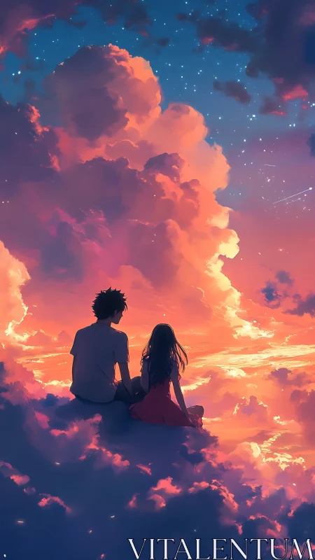 Silhouetted pair seated on clouds under vivid evening sky.