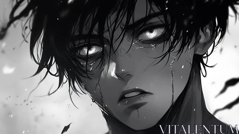 High contrast anime portrait of tearful boy with wet hair