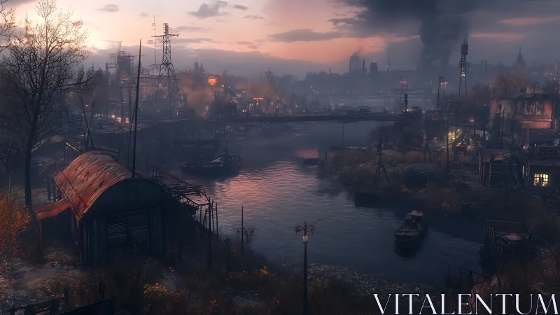 Twilight river outpost exhales quiet smoke and rusted dreams