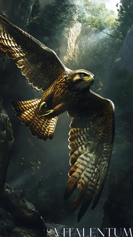 Raptor in sunlit canyon soaring through misty forest air.