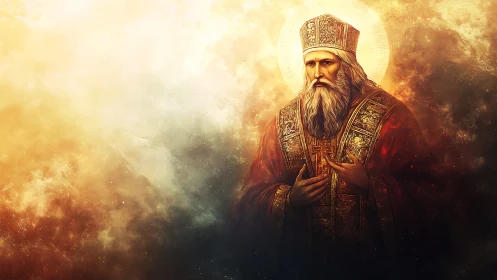 Radiant bishop drifts through embers of painted twilight