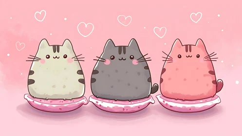 Three Cute Cats Sitting in Pink Bowls Among Floating Hearts