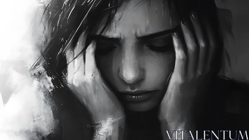 Storm-quiet face cradled in inked hands of sorrow.