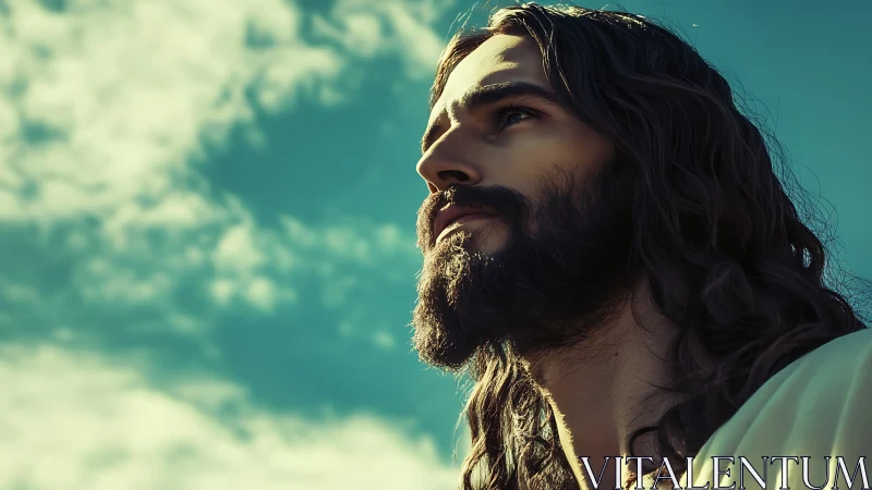 Digital portrait shows bearded long-haired figure against sky