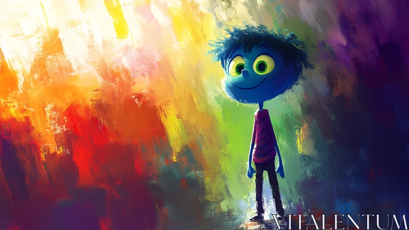 Blue cartoon figure against multicolored abstract backdrop.