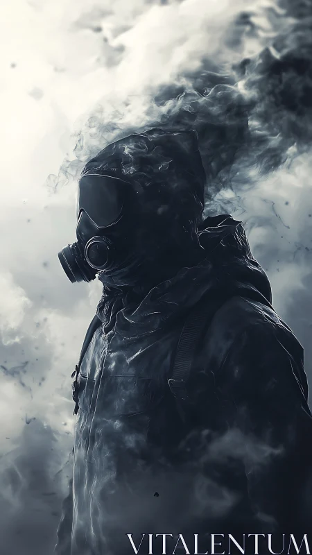 Hooded wanderer in gas mask emerges from swirling toxic fog