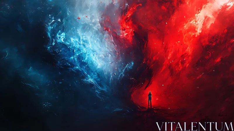 Solitary figure between opposing red and blue nebula fields.
