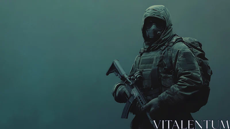 Shrouded sentry breathes calmly inside teal industrial gloom