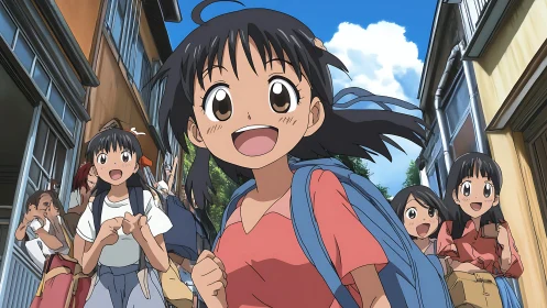 Sunlit schoolyard stampede of bright-eyed anime adventurers.