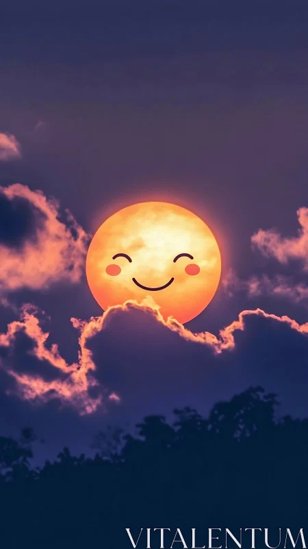 Smiling kawaii sun above silhouetted treeline at twilight sky