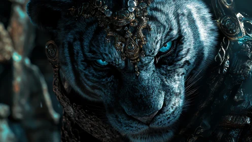 White tiger portrait displays ornate jeweled headdress