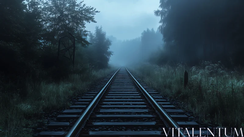 Quiet foggy railway leading into a soft blue morning hush.