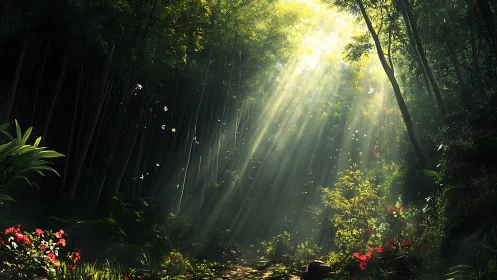 Dense Bamboo Grove with Volumetric Crepuscular Rays and Foreground Botanical Elements
