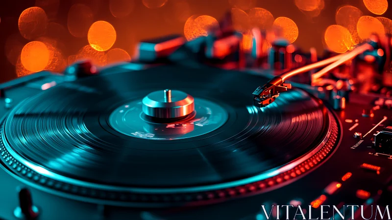 Vinyl turntable spins under neon bokeh in a vibrant club glow