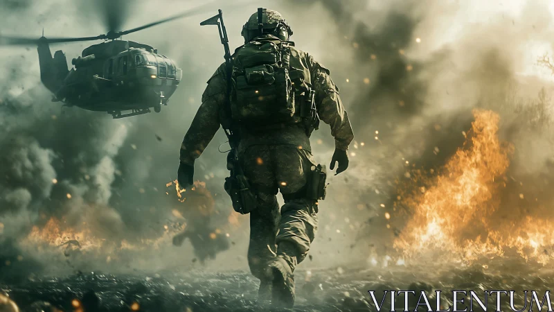 Soldier advances through fiery battlefield as helicopter descends