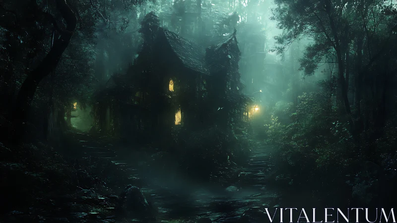 Fog-shrouded forest cottage glows with cinematic moody lighting