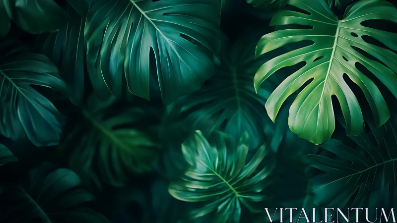 Lush emerald monstera leaves in a calm jungle embrace.