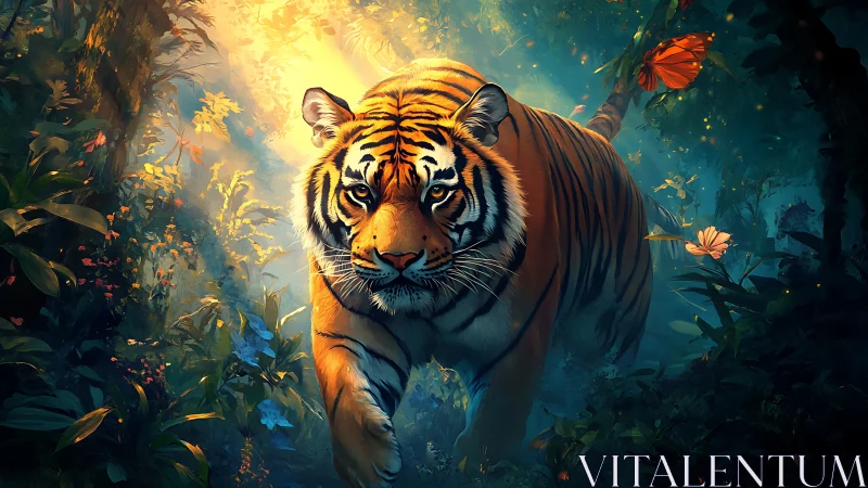 Tiger walks through dense sunlit jungle with focused gaze