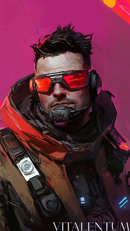 Neon pilot gazes ahead in bold pink sci fi glow.