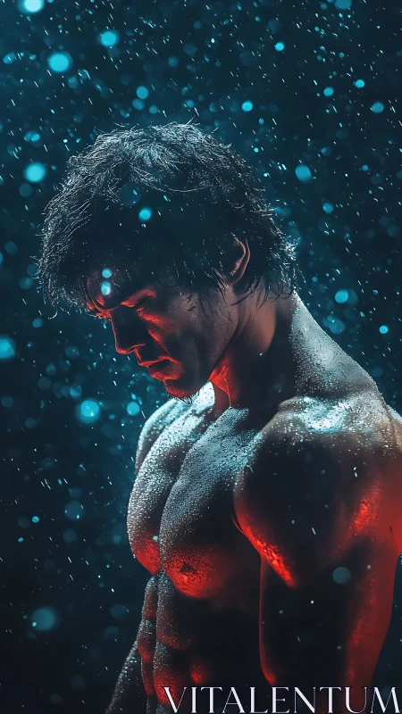 Male torso in rain under blue and red directional lighting.
