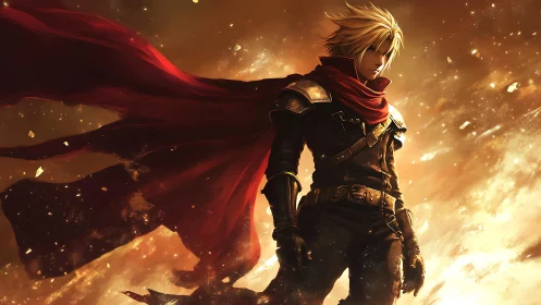 Male figure stands in ember filled environment with red cloak