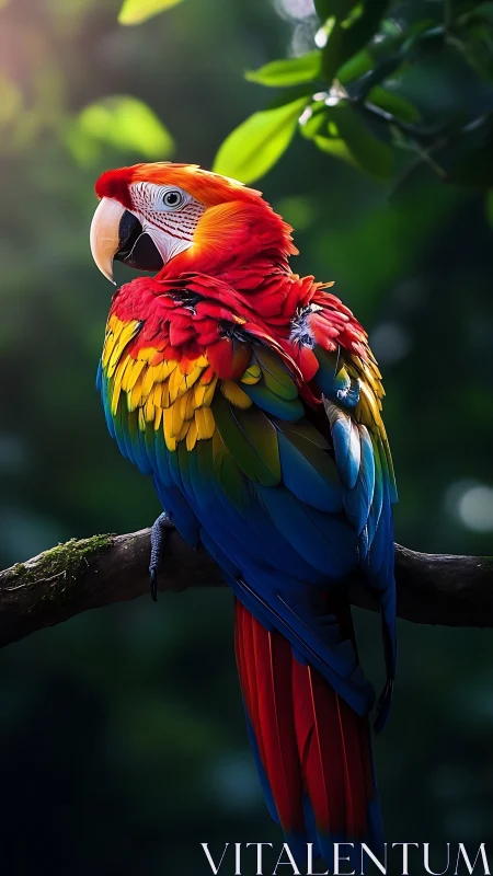 Scarlet macaw in vivid plumage under rainforest backlight.