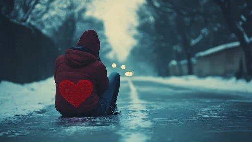 Solitary figure on icy road with luminous heart emblem