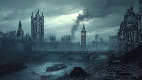 Post-apocalyptic London riverfront with Big Ben ruins.