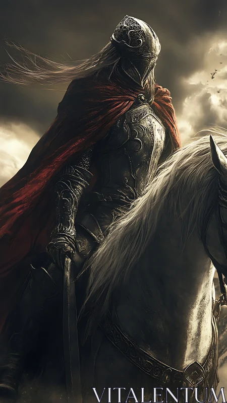 Armored cavalry sentinel in windswept cinematic chiaroscuro.