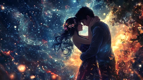 Silhouetted figures in luminescent cosmic environment