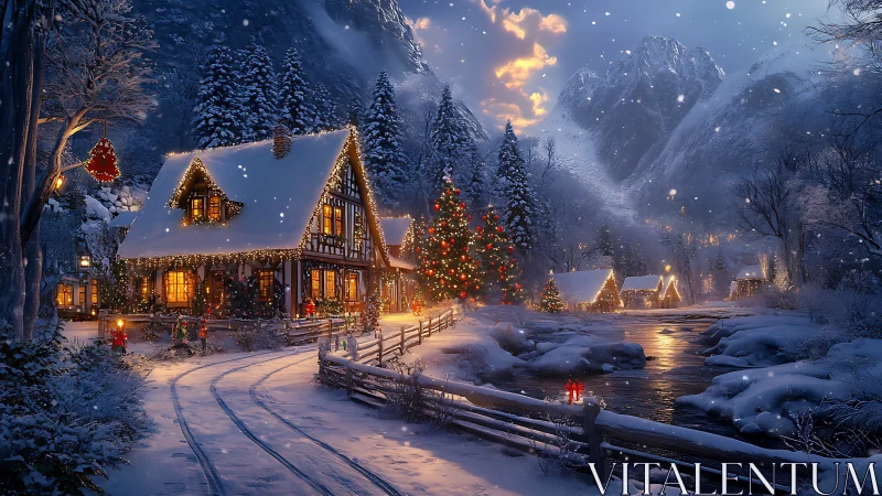 Snowy mountain village strings starlight across Christmas eve
