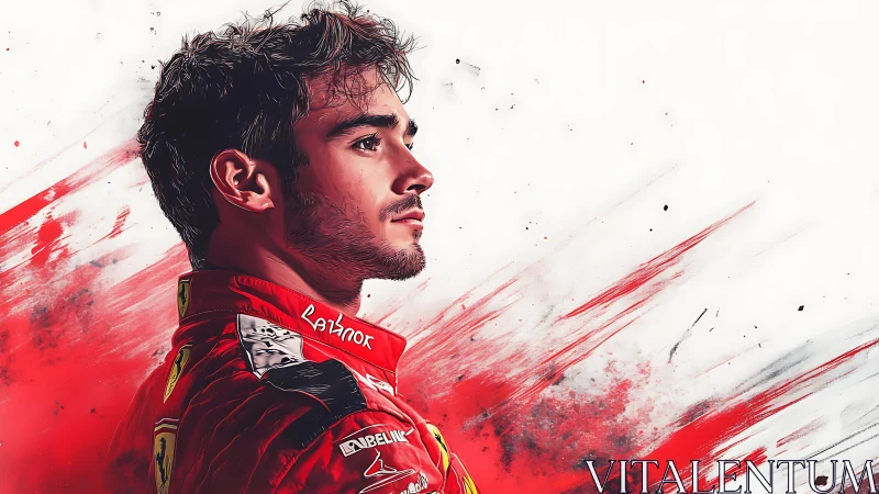 Digital painting portrait with dynamic red motion streaks.