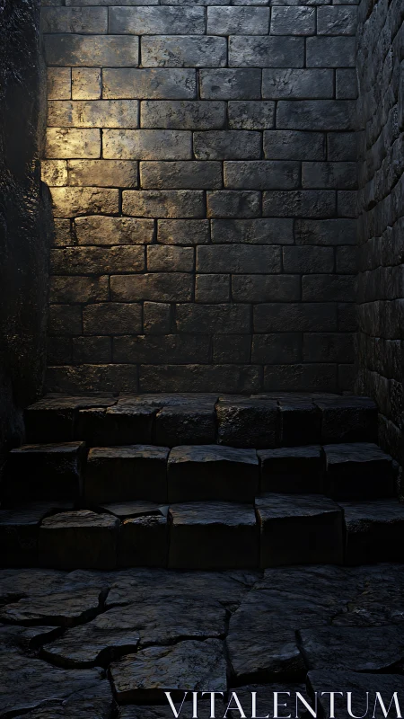 Rough stone staircase against dimly lit masonry wall.