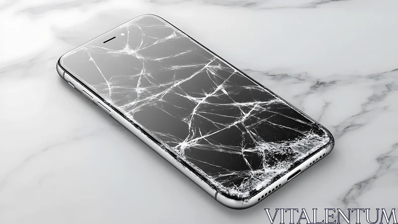 Smartphone with extensively cracked screen on marble surface.