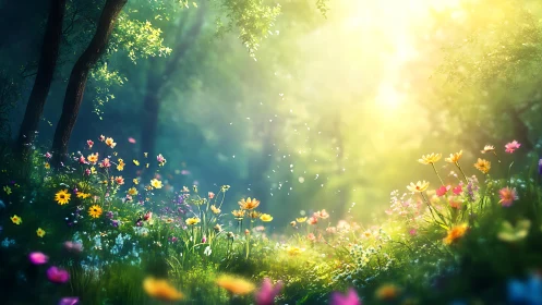 Sunlit forest meadow filled with vibrant wildflowers.