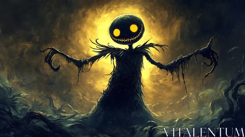Digital painting of eerie scarecrow silhouette against moonlit vortex.