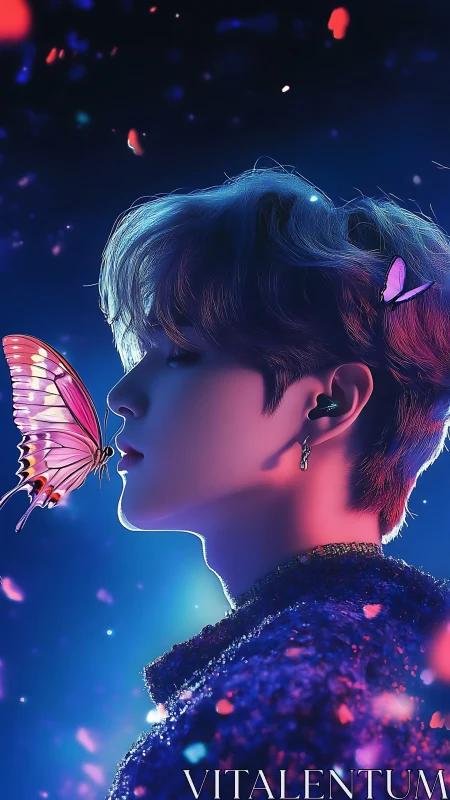 Neon-lit profile meets glowing butterfly in cosmic dusk