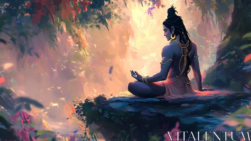 Seated figure meditates on rock ledge in dense forest light