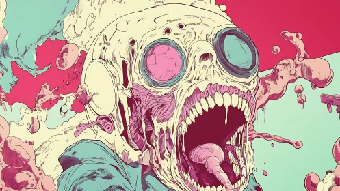 Psychedelic astronaut skull bust in neon grotesque linework.